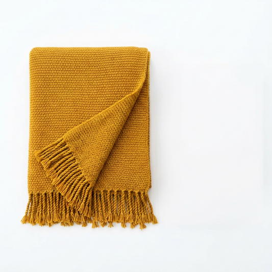 Golden Mustard Knitted Throw Blanket with Twisted Fringe for Colorful Sofa Styling, Reading Corners & Bedside Layers